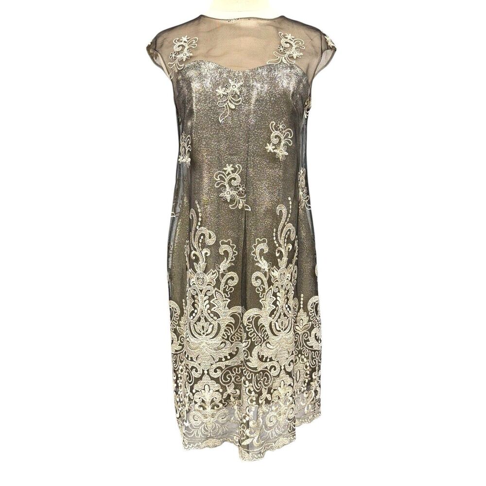 Marchesa Notte Embroidered Gold Metallic Black Tulle Overlay Shift Dress Size 4